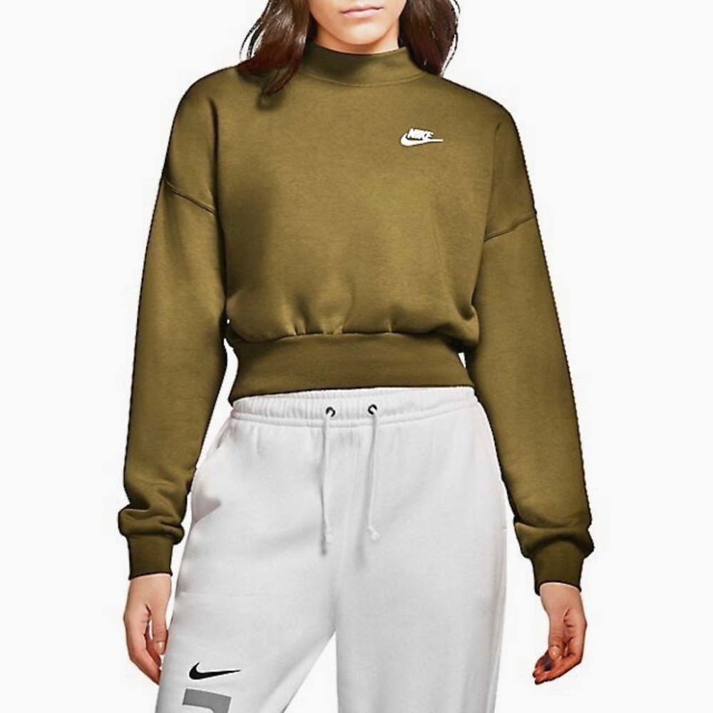 Nike | Essential Mockneck‎ Cropped Sweatshirt Khaki Green Size XL